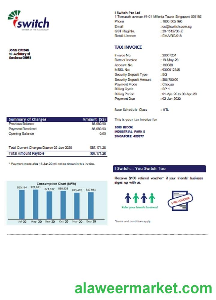Singapore I Switch electricity utility bill template in Word and PDF format